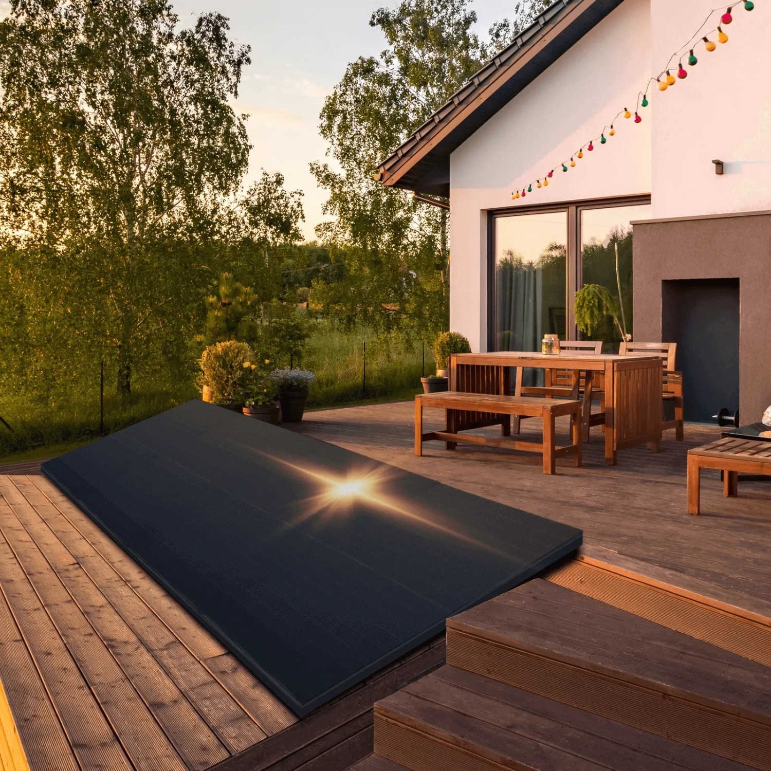 SUNNIVA Solarmodul 460W Full Black Bifazial Glas/Glas auf Holzterrasse vor Haus.