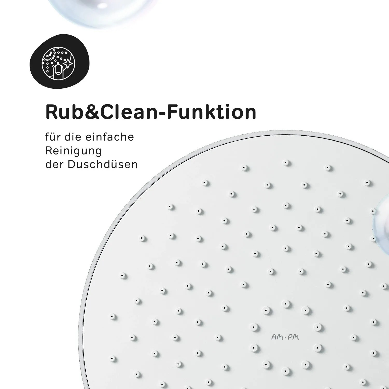 Detailaufnahme Regendusche des AM.PM Duschsystems X-Joy mit Rub&Clean Funktion.