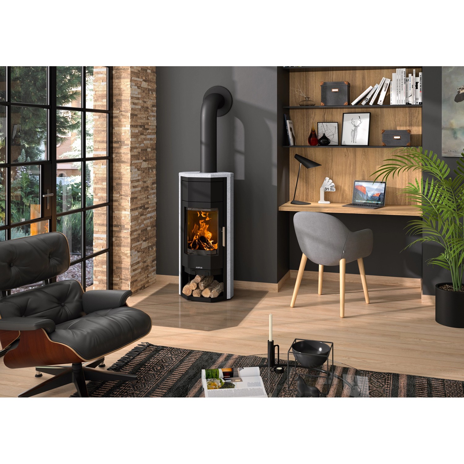 Justus Usedom W+ Kaminofen mit Specksteinverkleidung in Grau, 5 kW Leistung. Zeitbrandofen für gemütliche Wärme.