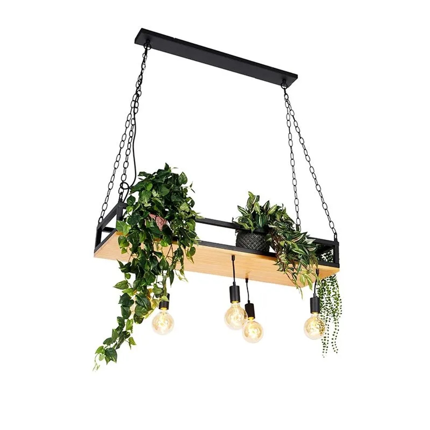 QAZQA Industrielle Hängelampe Schwarz mit Holz 5-Licht Regal