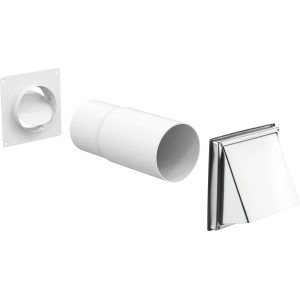 Teleskop-Mauerkasten Ø 125 mm mit Edelstahl-Ablufthaube für Dunstabzugshauben und Lüftungsanlagen.