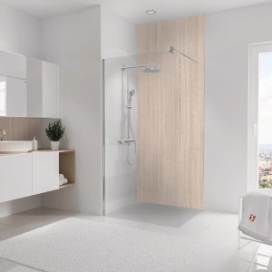 Schulte Duschrückwand DecoDesign Travertin-hell, 255x100 cm im Badezimmer.