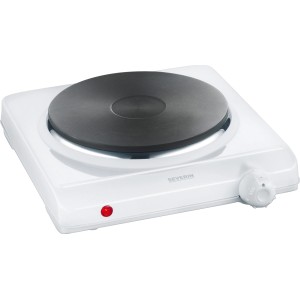 Weiße Severin Kochplatte KP 1091 mit schwarzer Heizplatte und Temperaturregler.