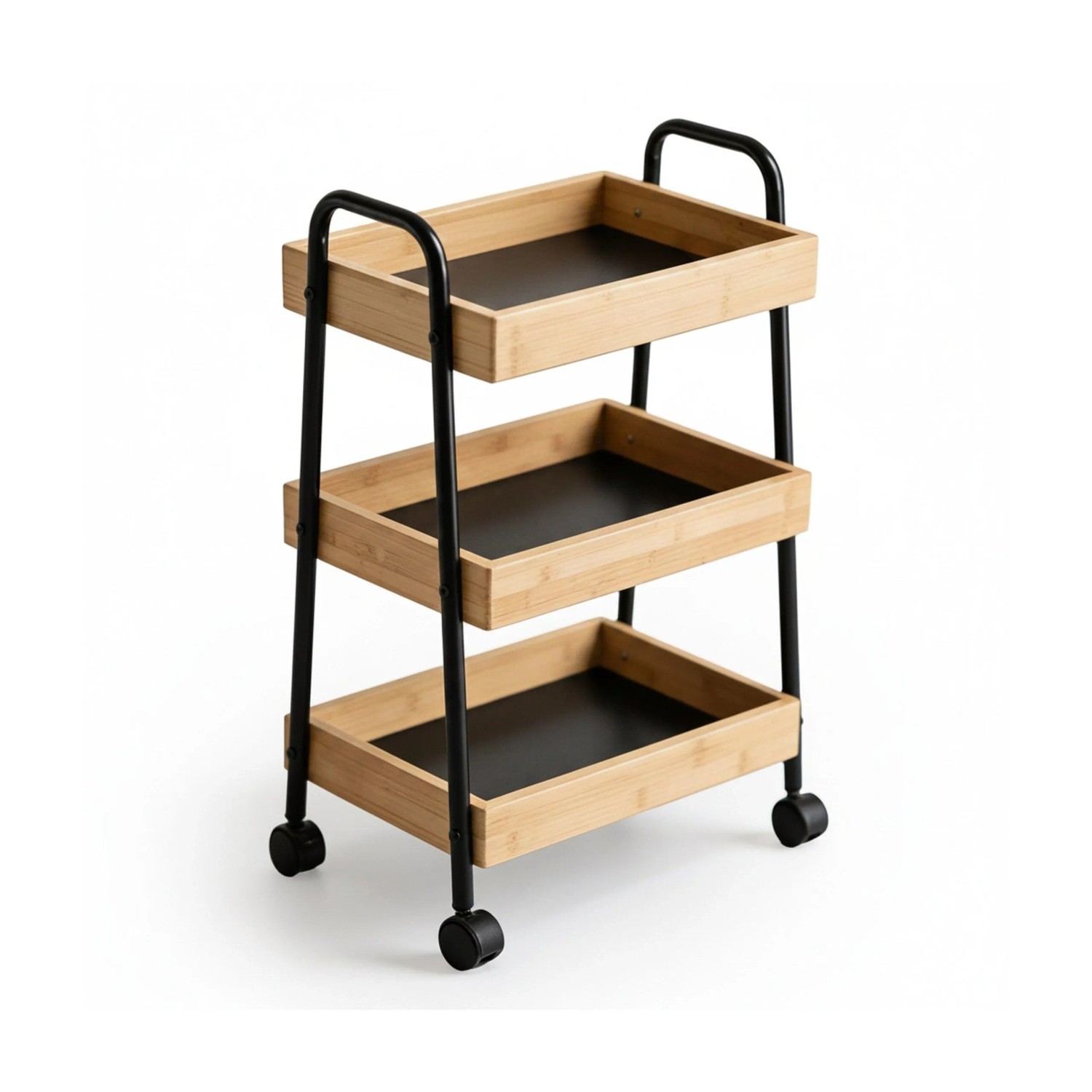 Relaxdays Rollwagen Bambus Metall Natur Schwarz Mit 3 Ablagen Feststellbar 73 cm x 45,5 cm x 28 cm 2,3 kg