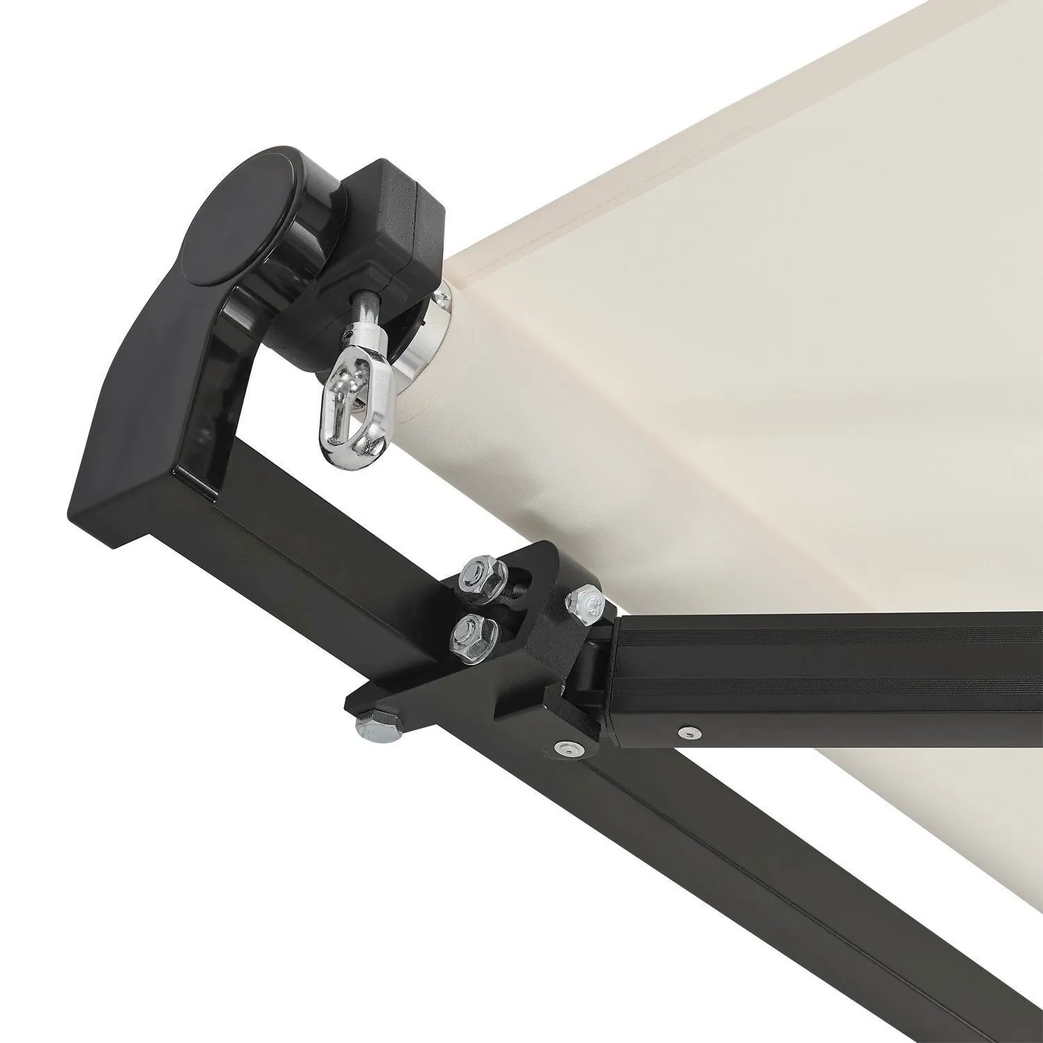 Detailaufnahme der beigen Juskys Gelenkarmmarkise (300x250 cm) mit schwarzem Gestell.