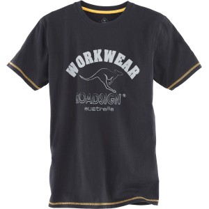 Schwarzes Roadsign Herren T-Shirt mit gelben Nähten und Workwear-Print.