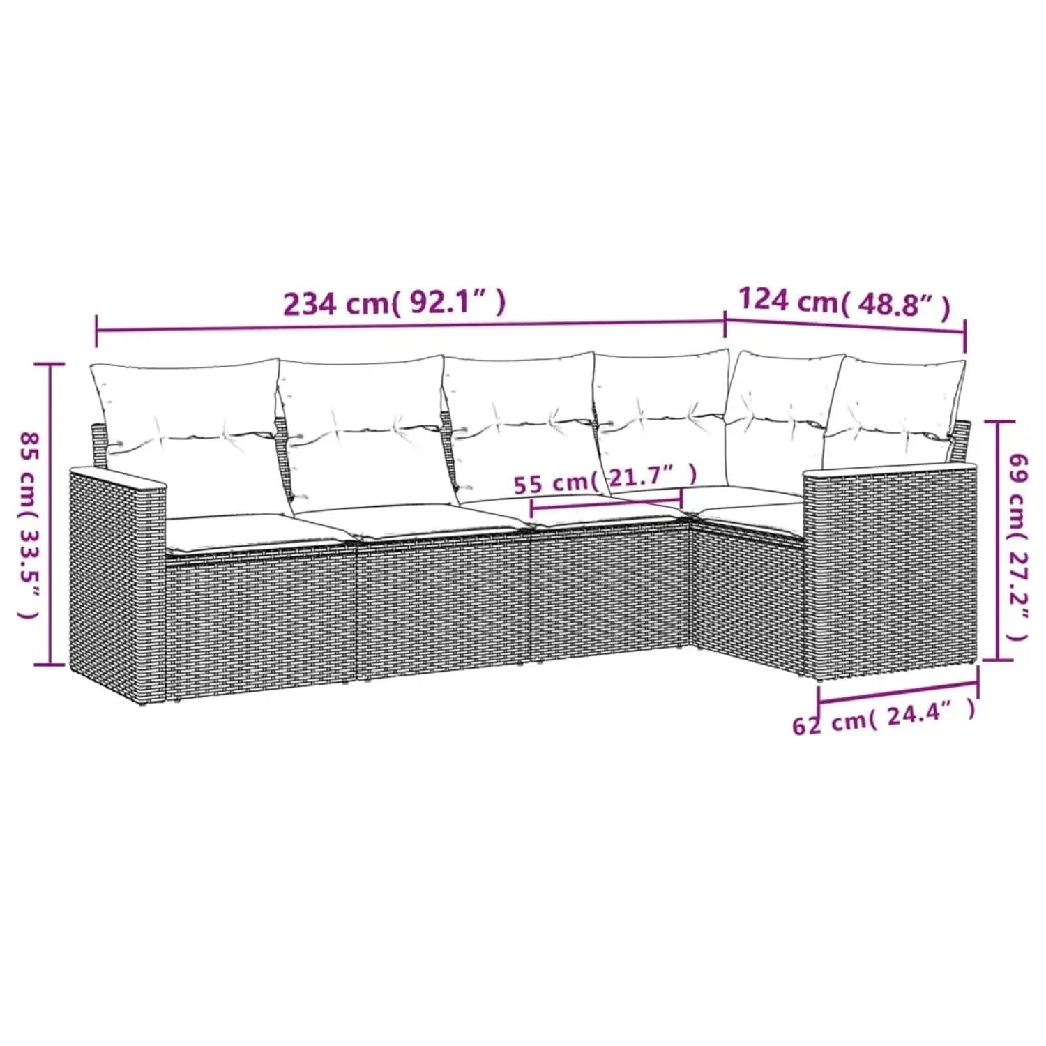 Beige 5-tlg. vidaXL Garten-Sofagarnitur aus Polyrattan mit Kissen, Maße eingezeichnet.