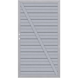 Sichtschutzzaun Tor System WPC Grau-Silber, 98x180cm, mit horizontalen Profilen und Diagonalverstrebung.