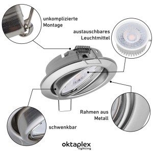 Oktaplex Dijon Einbauspot, 3er Set, schwenkbar, für 50mm LED-Module, Edelstahl gebürstet.