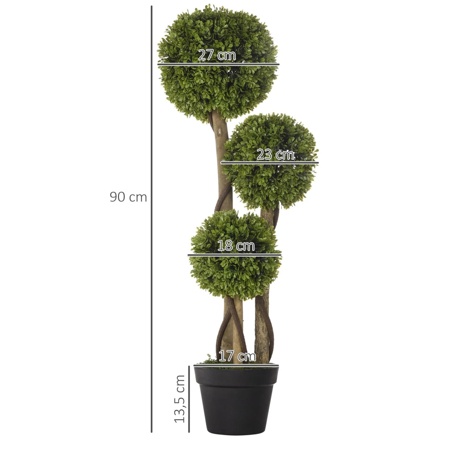 HOMCOM künstliche Pflanze, 90 cm, mit drei hellgrünen Buchsbaumkugeln und schwarzem Topf. Perfekt als Hausbaum.