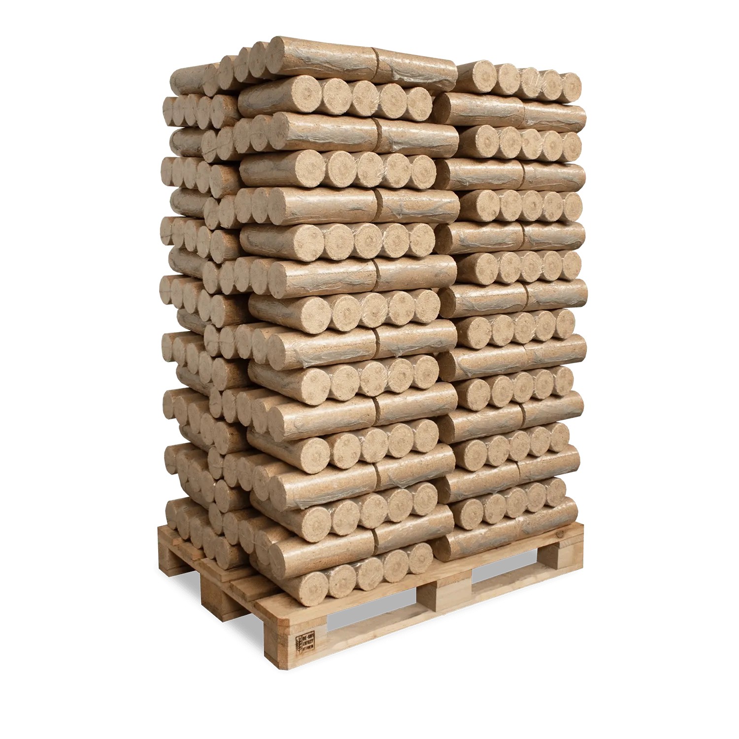 Große Palette mit gestapelten, zylindrischen Heizfuxx Nestro XL Blue Weichholzbriketts, 960kg Brennstoff.
