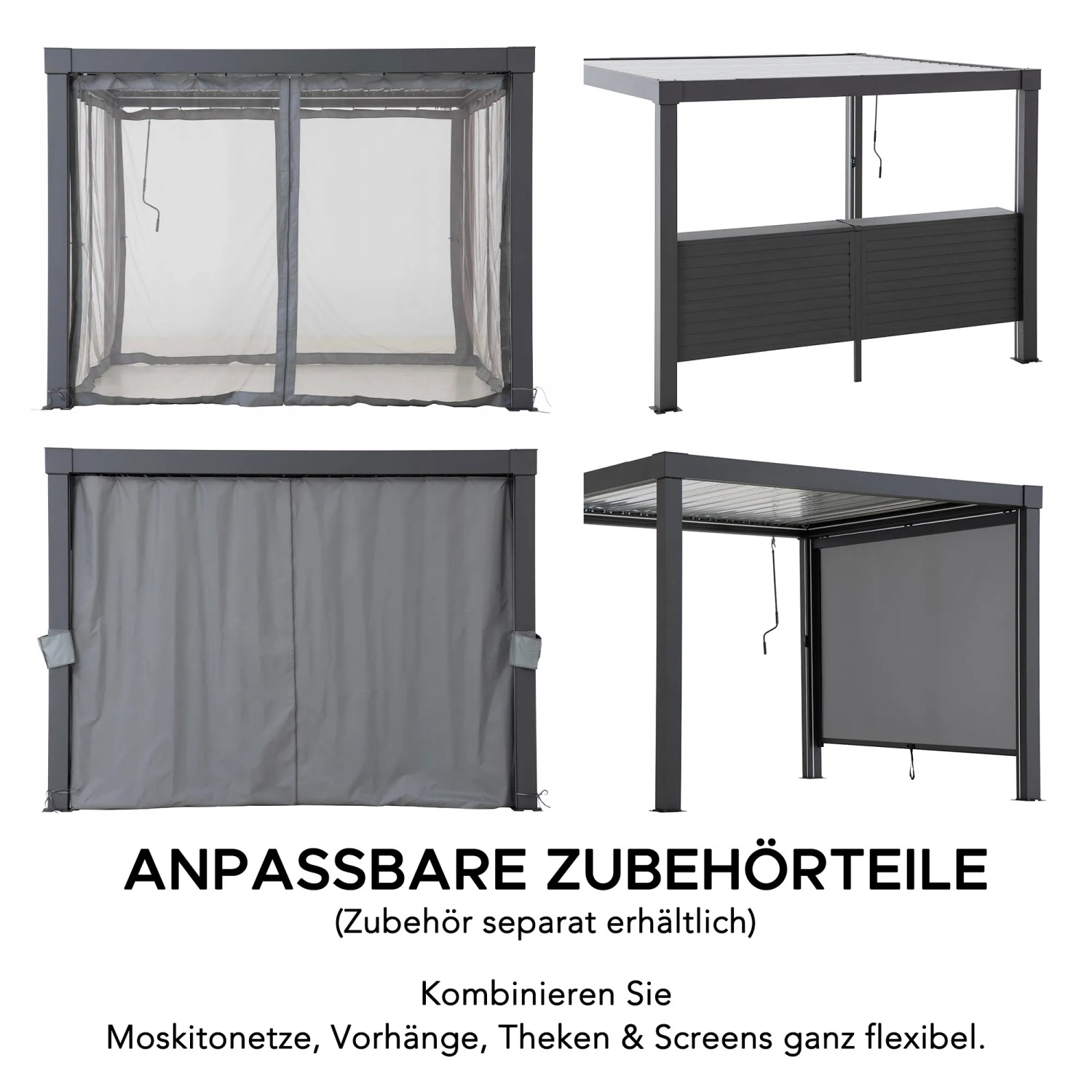 Zubehör für Sunjoy Multi-Pergola Matterhorn: Moskitonetz, Vorhänge, Theken & Screens für Terrassenüberdachung.