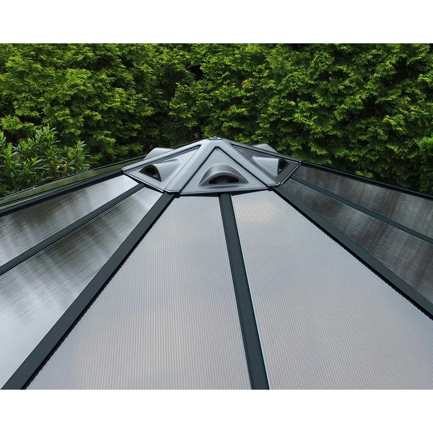 Detailaufnahme des Daches vom Palram Canopia Monaco Pavillon in Anthrazit mit Doppelstegplatten.