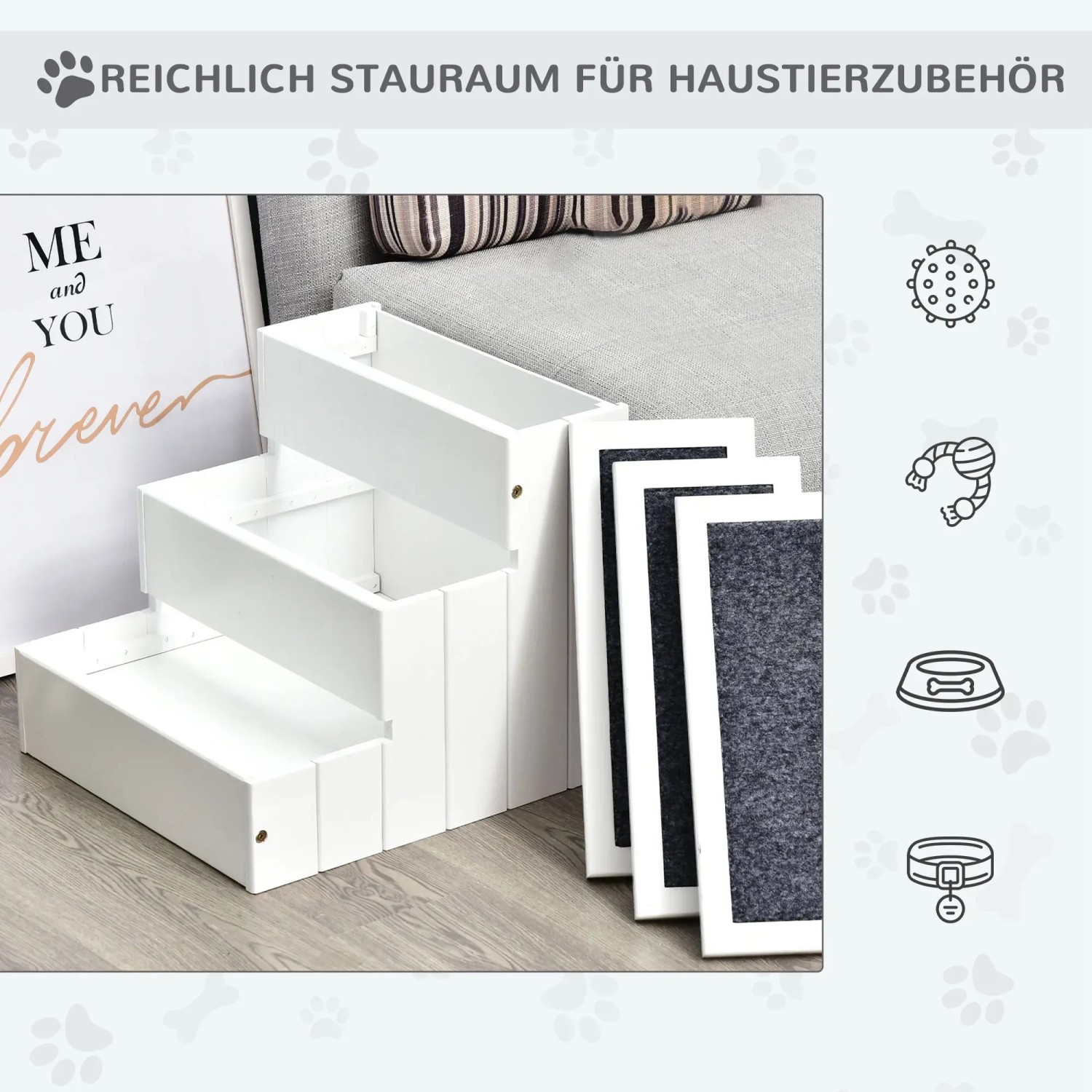 Weiße PawHut Hundetreppe mit 3 Stufen und Stauraum für Haustierbedarf.