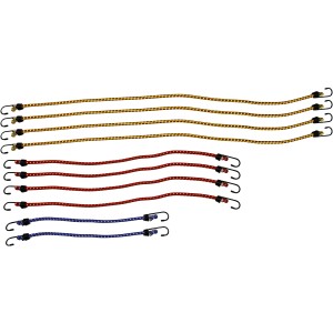 Las Gepäckarm Set, 10-teilig: Gepäckgurte in Gelb, Rot und Blau mit Haken zur Ladungssicherung.