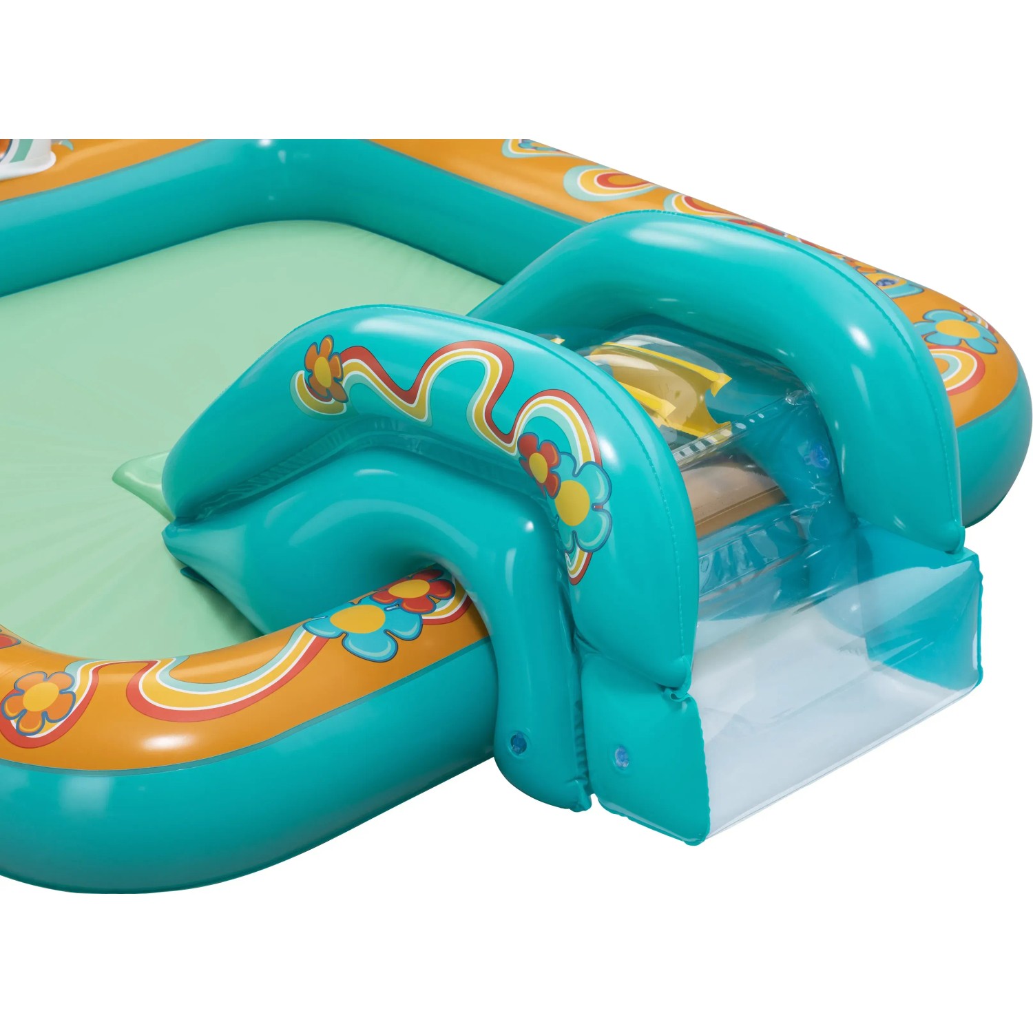 Bestway Wasserspielcenter Retro Welt mit Rutsche, Blumenmuster und Sprinkler.