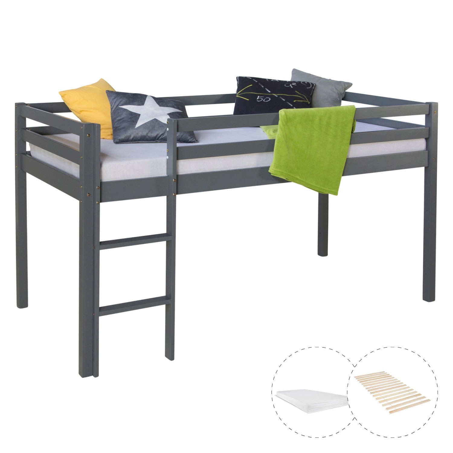 Homestyle4u Kinderbett 90x200 mit Latterost und Matratze in Grau 2257
