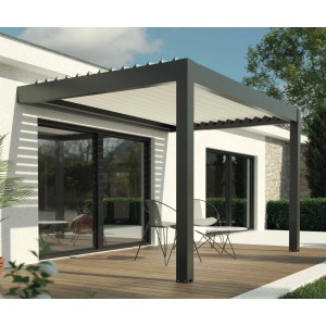 Graue Gardengate Anbaupergola Apolo aus Aluminium mit Lamellendach, 300x300 cm. Pavillon für Terrasse.