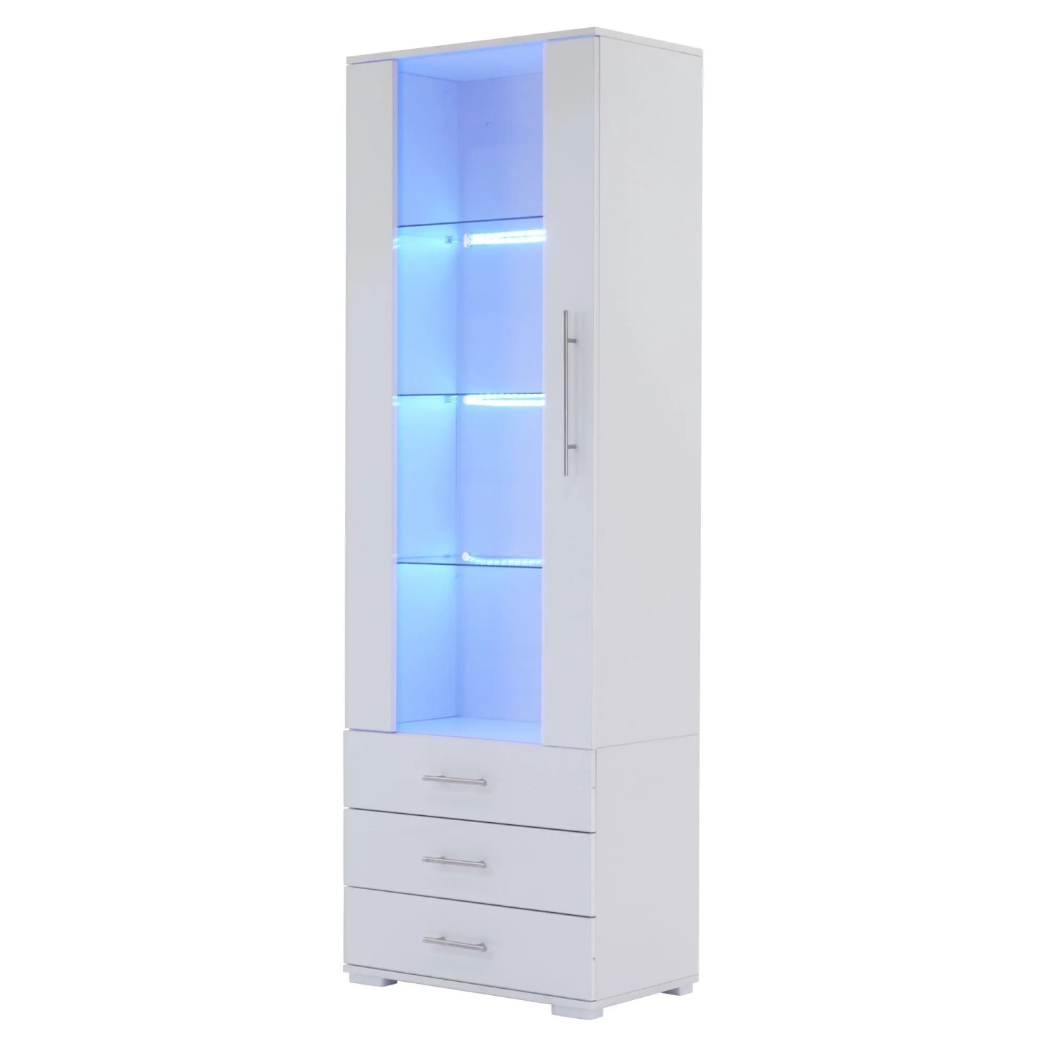 Merax Hochglanz Vitrine LED Glasvitrine 60x35x180 cm mit 3 Schubladen Weiß