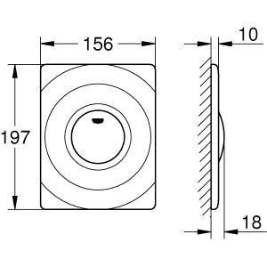 Technische Zeichnung Grohe Surf Abdeckplatte mit Maßen für WC-Spülung.
