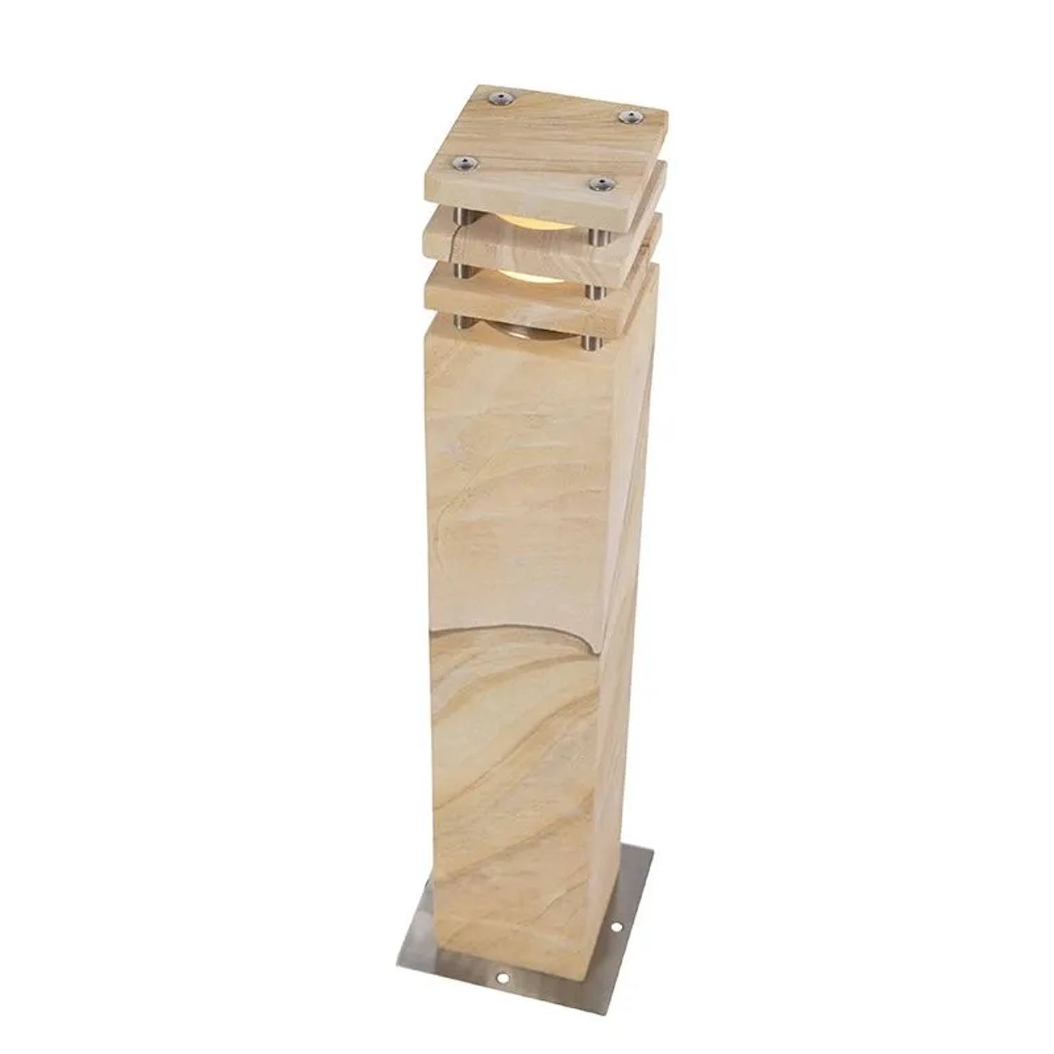 Moderne, beige Stehleuchte Grumpy, 70 cm hoch, für den Außenbereich. Wegebeleuchtung aus Sandstein mit Milchglas.
