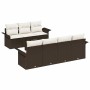 Braunes 8-teiliges vidaXL Garten-Sofa-Set aus Poly Rattan mit Tisch und cremefarbenen Kissen.