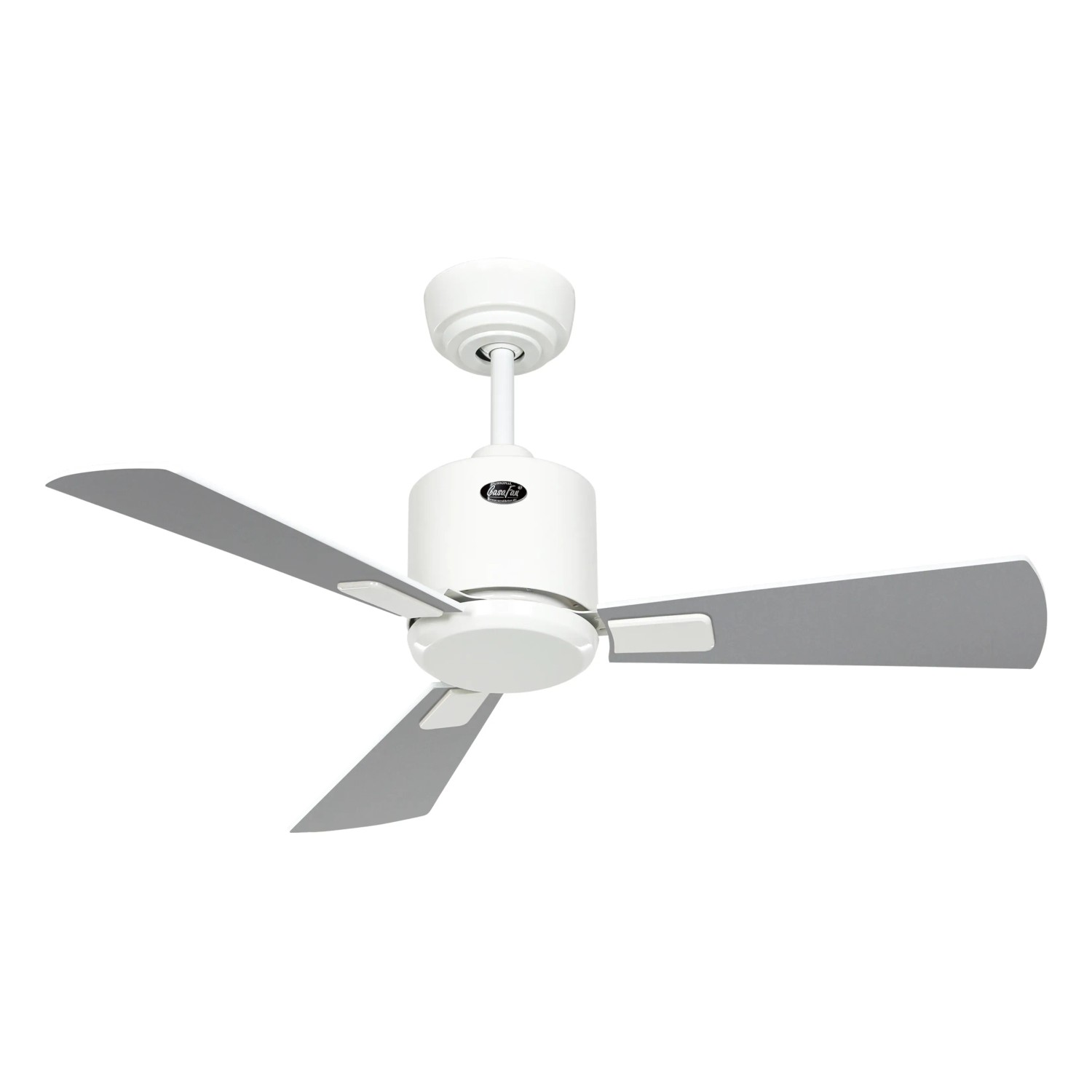 Weißer CASAFAN Eco Neo III Deckenventilator mit grauen Flügeln, 92 cm Durchmesser.