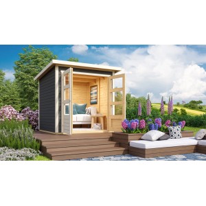 Lackiertes Karibu Holz-Gartenhaus Sitten mit Pultdach, 182x182 cm. Modernes Design mit offenen Doppeltüren.
