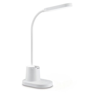 Weiße Philips LED-Tischleuchte Bucket mit Stifthalter und Akku für den Schreibtisch.