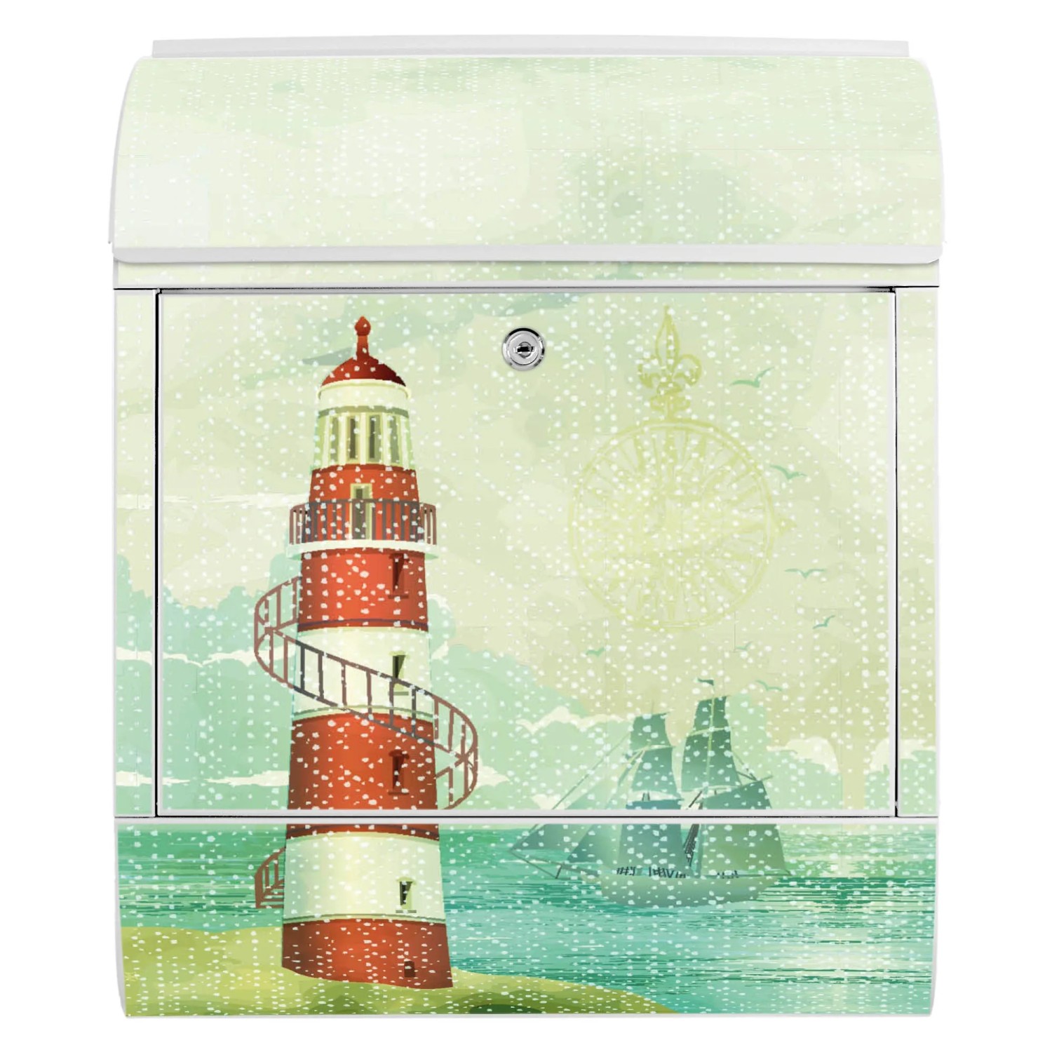 Weißer Banjado Briefkasten mit Leuchtturm-Motiv und Zeitungsfach. Pulverbeschichtet, 39x47x14cm.