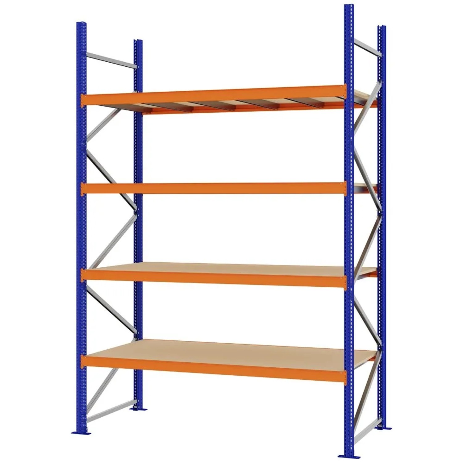 PROREGAL Weitspannregal Schraub-Stecksystem MAGNUS PRO Made In Germany Grundregal 300x200x80cm 4 Ebenen Spanplattenböden Fachlast 600kg Blau/Orange