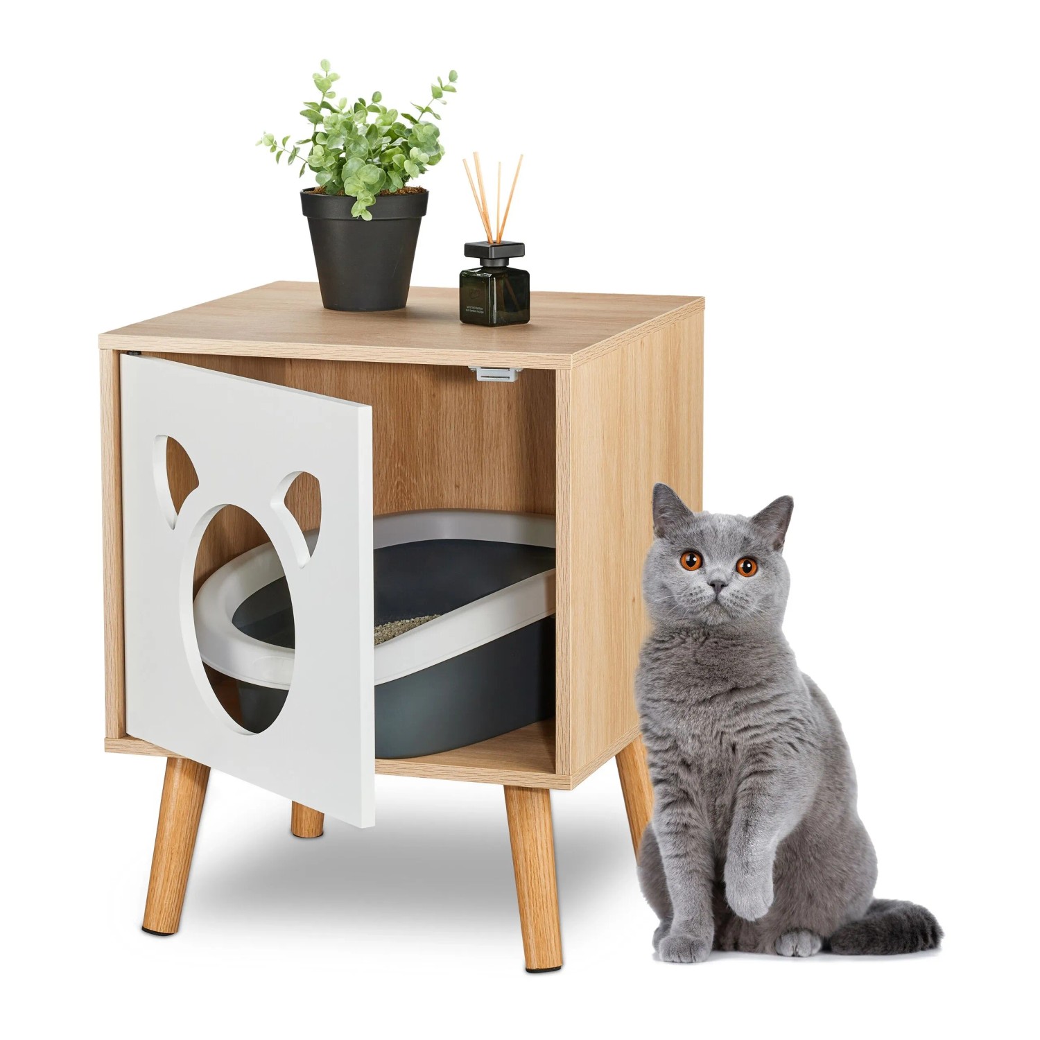 Relaxdays Katzenschrank MDF Natur Weiß Aufklappbar 50 cm x 40 cm x 40 cm 6,6 kg