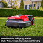 Einhell Freelexo 500 Mähroboter in Rot/Schwarz auf Rasen. Ideal für Gärten bis 500 m².