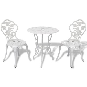 Weißes 3-tlg. Bistro-Set aus Aluminiumguss mit Tisch und zwei Stühlen für Garten, Balkon oder Terrasse.