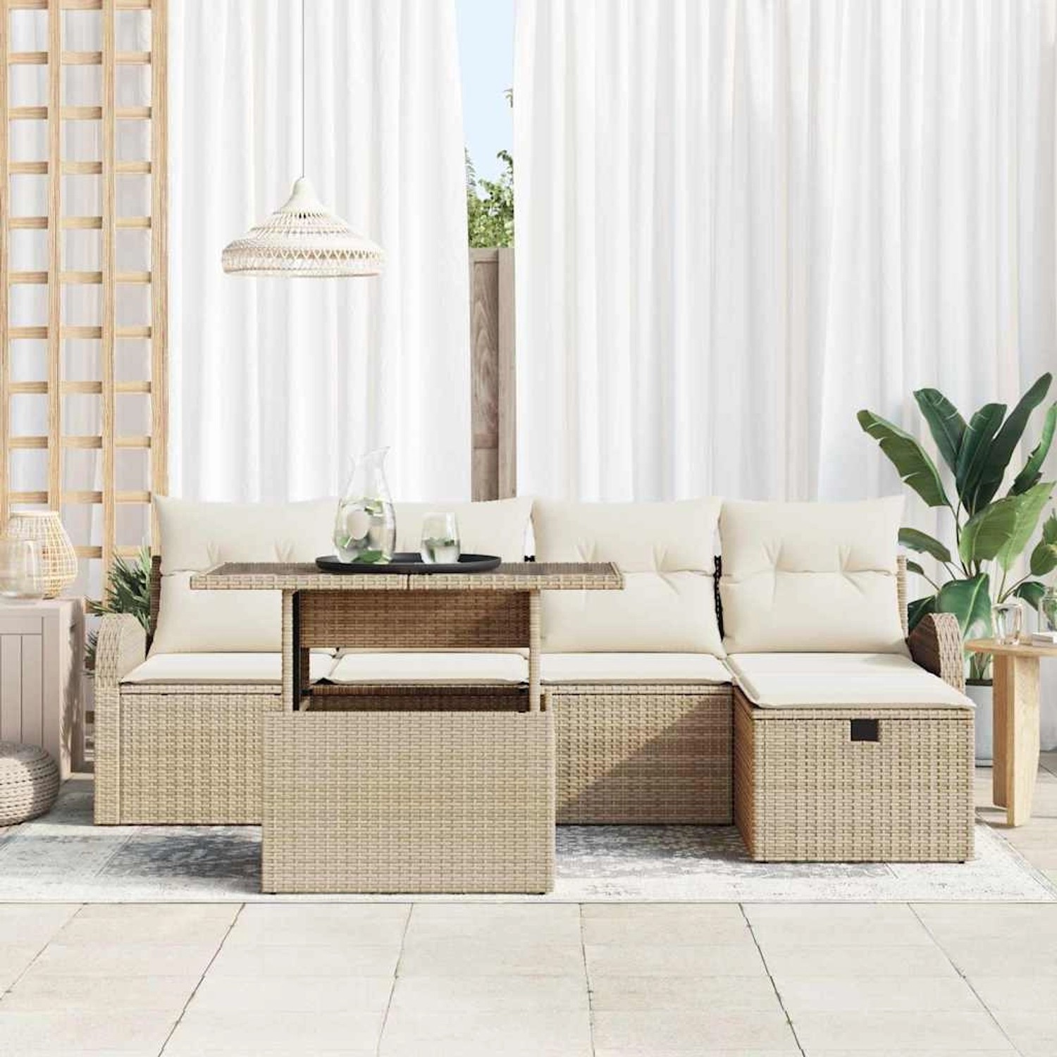 Beiges 6-tlg. vidaXL Garten-Sofa-Set aus Poly Rattan mit Kissen und Stauraum.