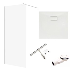 Bad Land SET Duschwanne VIDAR 80x80 Quadratisch Weiß + Walk-In Dusche KETIL Chrom 80x195 Transparentes Glas + Glaswischer