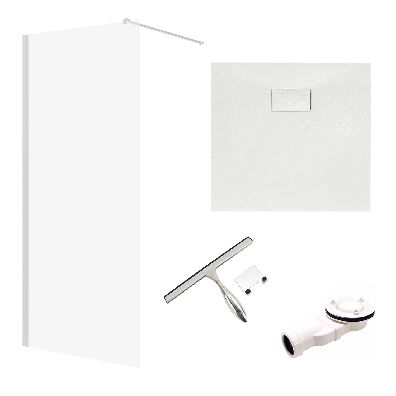 Bad Land SET Duschwanne VIDAR 80x80 Quadratisch Weiß + Walk-In Dusche KETIL Chrom 80x195 Transparentes Glas + Glaswische...