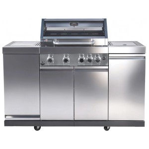 El Fuego Gasgrillküche Augusta aus Edelstahl mit vier Brennern, Seitenbrenner, Eisfach und Sichtfenster.