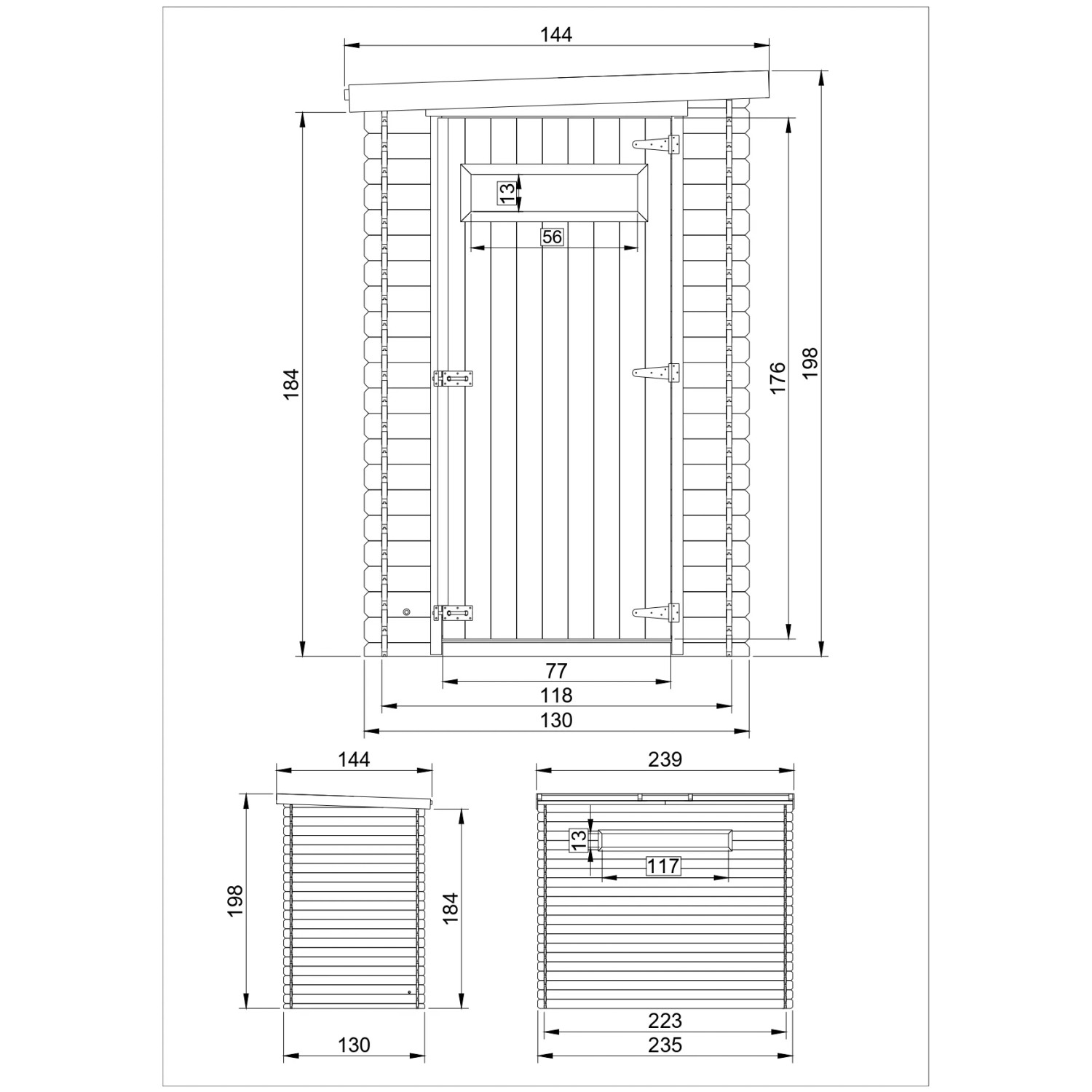 Technische Zeichnung Timbela Gartenhaus Holz M306A mit Maßangaben.
