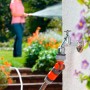 Gardena Winkelhahnstück am Wasserhahn mit Schlauch verbunden. Frau gießt im Hintergrund den Garten.