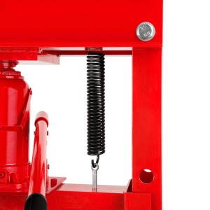 Detailaufnahme der roten EBERTH Werkstattpresse 20T mit Feder und Hydraulikzylinder.