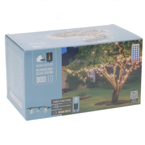 Verpackung der Solar-LED-Lichterkette mit 800 warmweißen LEDs, 8 m Länge, mit Solarpanel, USB, Timer und Fernbedienung.