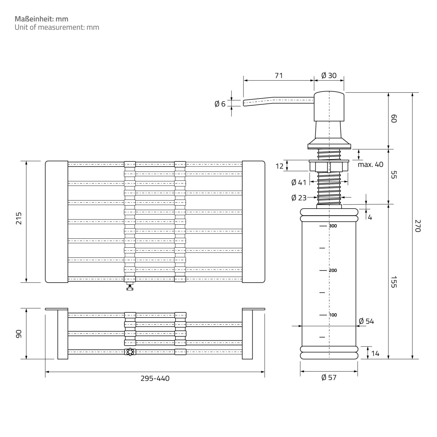Technische Zeichnung: ML-Design Spülbecken Edelstahl anthrazit mit Abtropfkorb und Seifenspender, Maße in mm.