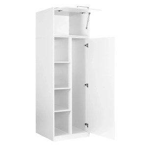Weißer Hochschrank L-Studio 3 für Hauswirtschaftsraum. Offene Klappe, Regale, Tür. Melaminbeschichtet.