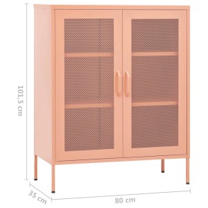 Rosa Büroschrank aus Stahl (80x35x101,5 cm) mit zwei Gittertüren und Füßen.