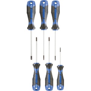 6-teiliger LUX Schraubendrehersatz Comfort TX mit blau-schwarzen Griffen für Torx Schrauben.