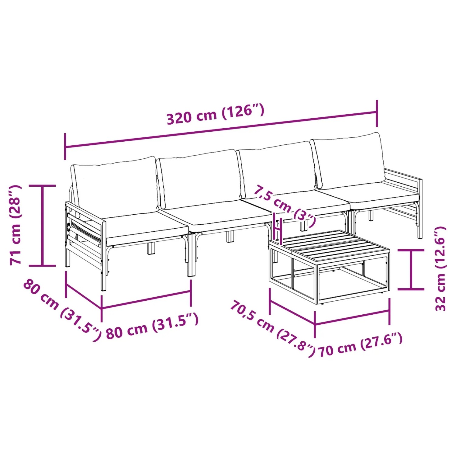 vidaXL Garten-Sofa-Set, 5-teilig, anthrazitfarben, Stahl, mit Maßangaben.