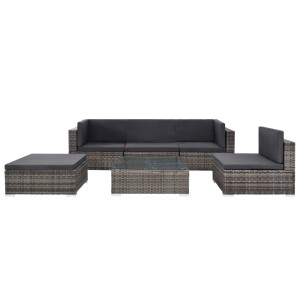 Graues 6-tlg. Garten Lounge Set aus Polyrattan mit Auflagen und Tisch.