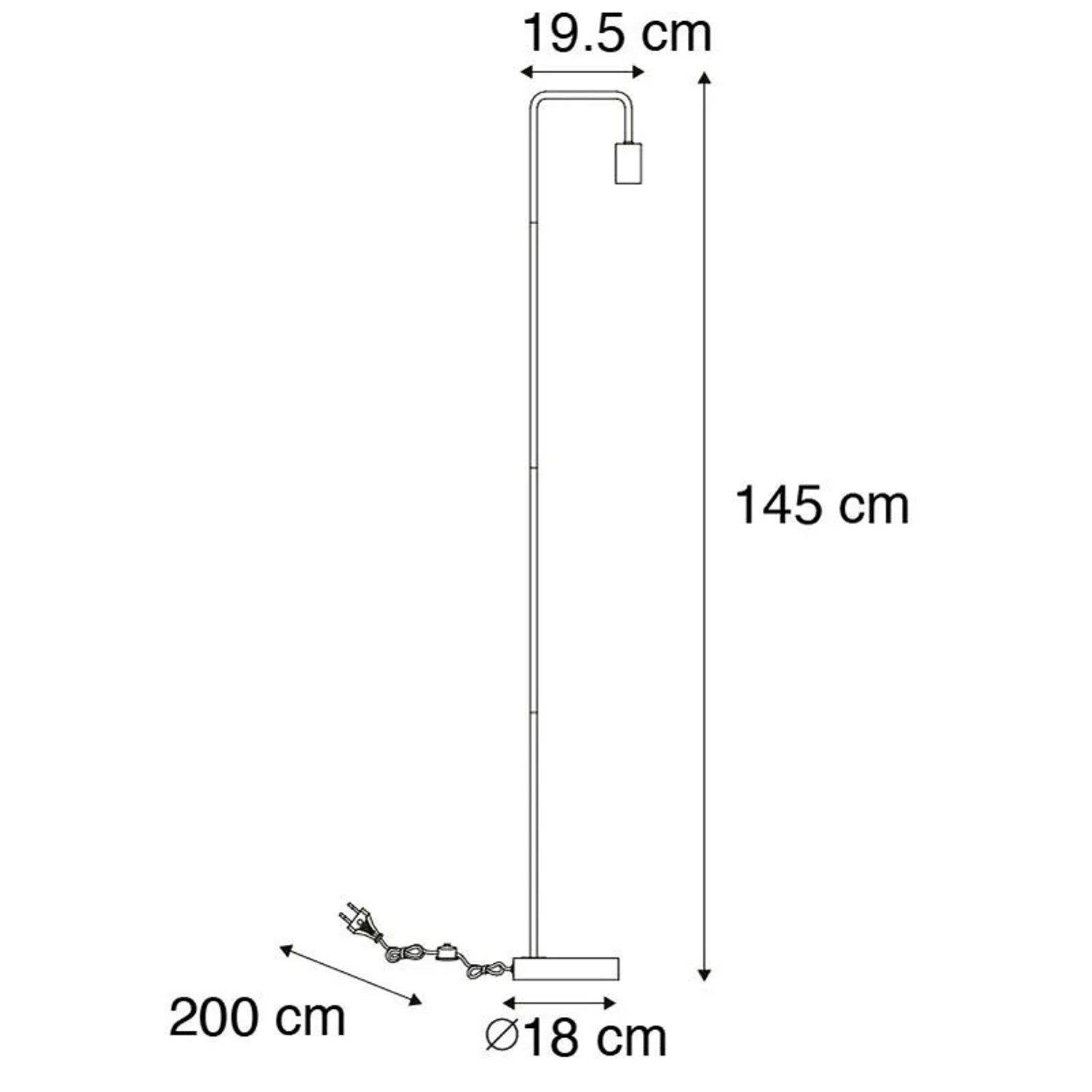 Schwarze, moderne Stehleuchte Facil von QAZQA, 145cm hoch, mit Maßangaben.