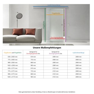 Levidor Glasschiebetür Komplettset, 65x205 cm, satiniert, Aluminium mit Griffmuschel, Maße dargestellt.